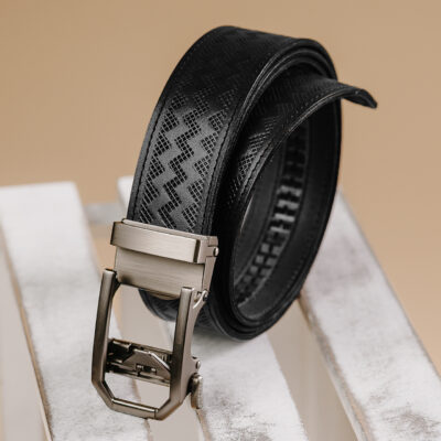 Kožený opasok s dekorom a automatickou prackou – NICKEL GAP, limitovaná edícia, čierny