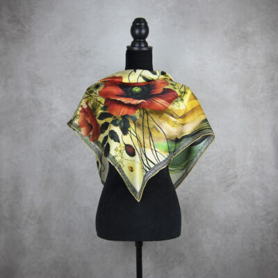 Hodvábna šatka MAK VLČÍ - ZELENÝ, 90 x 90cm, Vyrobené na Slovensku