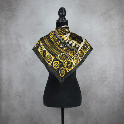 Hodvábna šatka ČIČMANY - ČIERNO-ZLATÉ, 90 x 90cm, Vyrobené na Slovensku