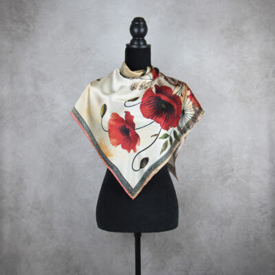 Hodvábna šatka MAK VLČÍ - ČERVENÝ, 90 x 90cm, Vyrobené na Slovensku