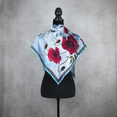 Hodvábna šatka MAK VLČÍ - MODRÝ, 90 x 90cm, Vyrobené na Slovensku