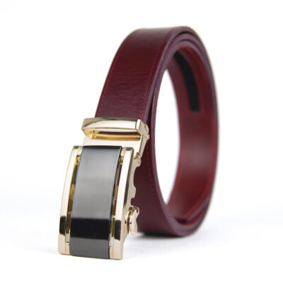 Bordový kožený opasok s automatickou prackou SURVIVAL, Čierny, Kratšia dĺžka: 110 - 115cm